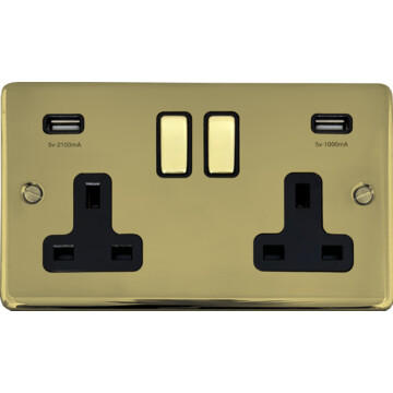 contour polished brass hand waxed double socket with usb (brass switches) front fc20825