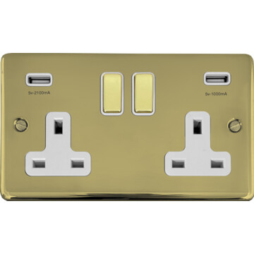 contour polished brass hand waxed double socket with usb (brass switches/white inserts) front fc20825