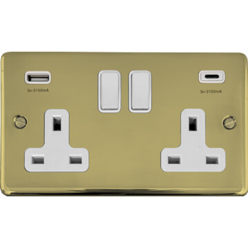 contour polished brass hand waxed double socket with usb (usb a and usb c/white switches) front fc20825