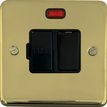 contour polished brass hand waxed switched fused spur with neon (black switch) front fc20825