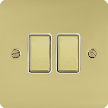 flat polished brass hand waxed light switch (2 gang/brass switches/white inserts) front fc20825