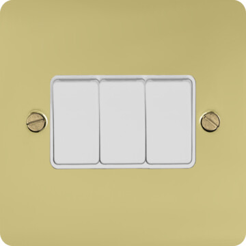 flat polished brass hand waxed light switch (3 gang/white switches) front fc20825