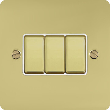 flat polished brass hand waxed light switch (3 gang/brass switches/white inserts) front fc20825