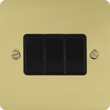 flat polished brass hand waxed light switch (3 gang/black switches) front fc20825