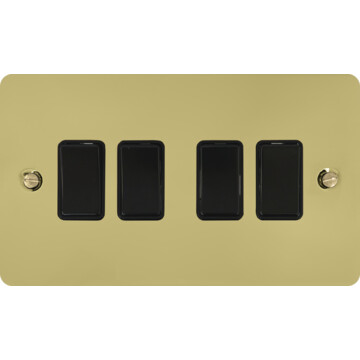 flat polished brass hand waxed light switch (4 gang/black switches) front fc20825