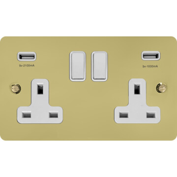 flat polished brass hand waxed double socket with usb (white switches) front fc20825