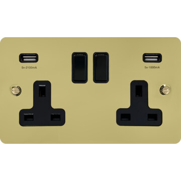 flat polished brass hand waxed double socket with usb (black switches) front fc20825