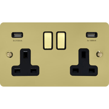 flat polished brass hand waxed double socket with usb (brass switches) front fc20825