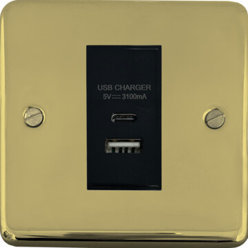 contour polished brass unlacquered usb charger (usb a and usb c) (1 gang/black insert) front fc20825