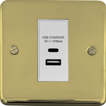 contour polished brass unlacquered usb charger (usb a and usb c) (1 gang/white insert) front fc20825