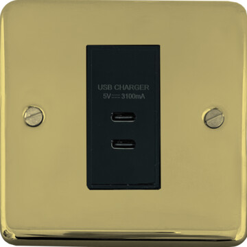 contour polished brass unlacquered usb charger (2x usb c) (1 gang/black insert) front fc20825