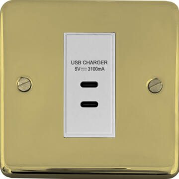 contour polished brass unlacquered usb charger (2x usb c) (1 gang/white insert) front fc20825