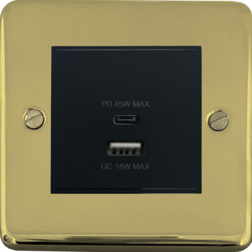contour polished brass unlacquered usb charger (dual usb a + c quick charge) (1 gang/black insert) front fc20825