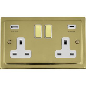 polished brass unlaquered double socket with usb (usb a and usb c/white inserts brass switches) front fc20825