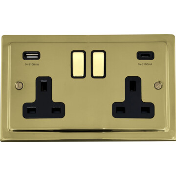 polished brass unlaquered double socket with usb (usb a and usb c/black inserts brass switches) front fc20825