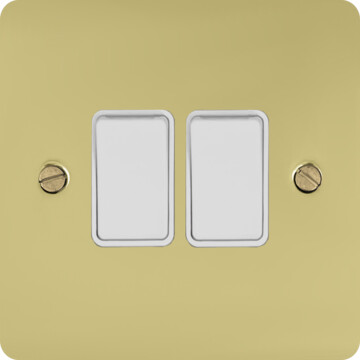 flat polished brass unlacquered light switch (2 gang/white switches) front fc20825