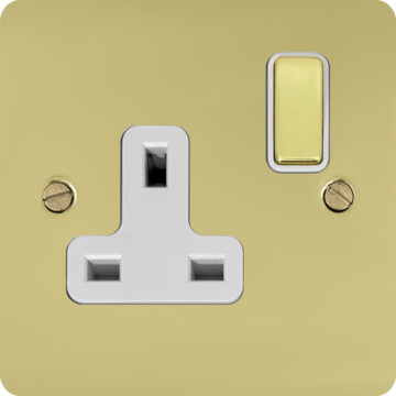 flat polished brass unlacquered single socket (brass switch/white inserts) front fc20825