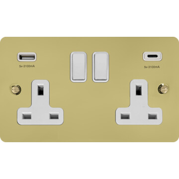 flat polished brass unlacquered double socket with usb (usb a and usb c/white switches) front fc20825