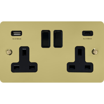 flat polished brass unlacquered double socket with usb (usb a and usb c/black switches) front fc20825