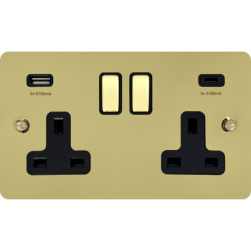 flat polished brass unlacquered double socket with usb (usb a and usb c/black insert brass switches) front fc20825