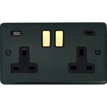 contour black bronze double socket (2 gang/usb a and usb c/polished brass switches) front fc101025