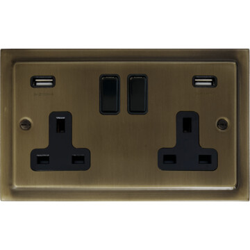 trimline antique brass socket with usb (2 gang/black switches) front fc101025