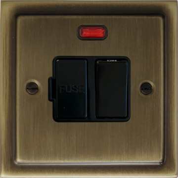 antique brass switched fused spur with neon (black switch) front fc101025