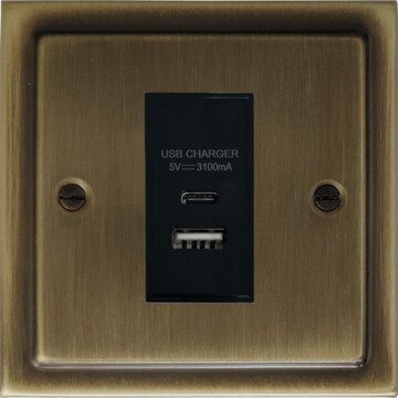 trimline antique brass usb charger (usb a and usb c) (1 gang) front fc101025