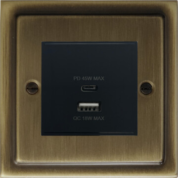 trimline antique brass usb charger (dual usb a + c quick charge) (1 gang) front fc101025