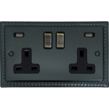 monarch black bronze socket with usb (2 gang/antique brass switches) front fc101025