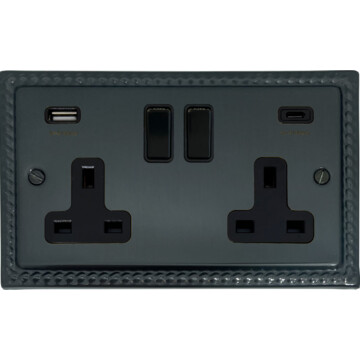 monarch black bronze socket with usb (2 gang/usb a and usb c/black switches) front fc101025
