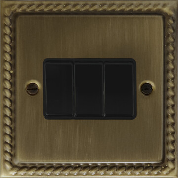 monarch antique brass light switch (3 gang/black switches) front fc101025