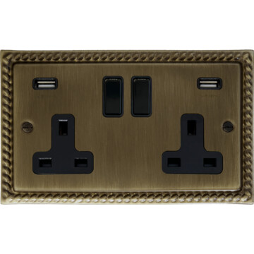 monarch antique brass socket with usb (2 gang/black switches) front fc101025