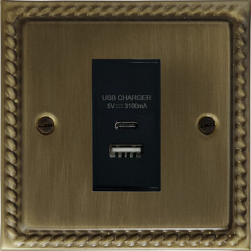 monarch antique brass usb charger (usb a and usb c) front fc101025