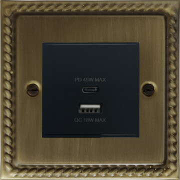 monarch antique brass usb charger (dual usb a + c quick charge) front fc101025