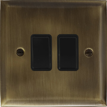 spectrum antique brass light switch (2 gang/black switches) front fc101025