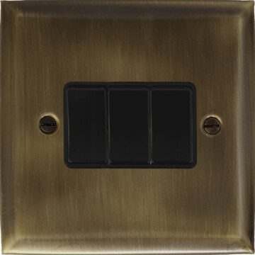 spectrum antique brass light switch (3 gang/black switches) front fc101025