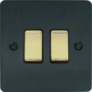 flat black bronze light switch (2 gang/polished brass switches) front fc101025