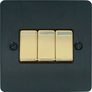 flat black bronze light switch (3 gang/polished brass switches) front fc101025