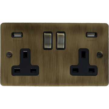 flat antique brass socket with usb (2 gang) front fc101025