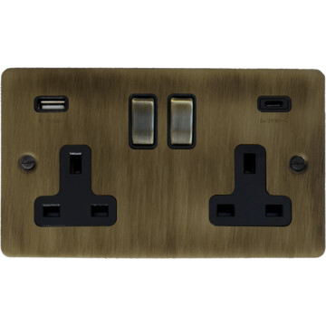 flat antique brass socket with usb (usb a and usb c/antique brass switches) front fc101025
