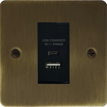 flat antique brass usb charger (usb a and usb c) (1 gang) front fc101025