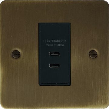 flat antique brass usb charger (2x usb c) (1 gang) front fc101025