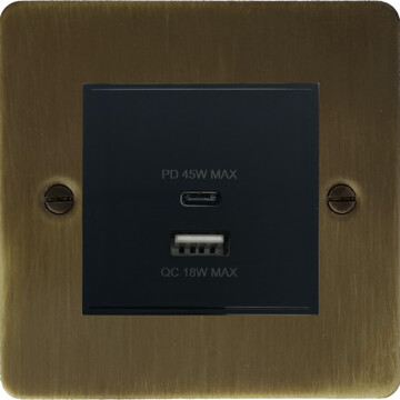 flat antique brass usb charger (dual usb a + c quick charge) (1 gang) front fc101025