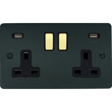 flat black bronze double socket with usb (black insert/polished brass switches) front fc101025