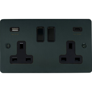 flat black bronze double socket (2 gang/usb a and usb c/black switches) front fc101025