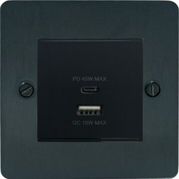 flat black bronze usb charger (dual usb a + c quick charge) (black insert/1 gang) front fc101025