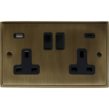victorian antique brass double socket with usb (2 gang/usb a and usb c/black switches) front fc101025