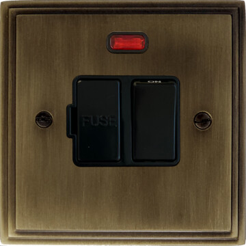 victorian antique brass switched fused spur with neon (black switch) front fc101025