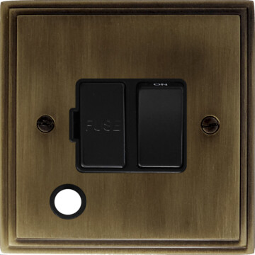 victorian antique brass switched fused spur with flex outlet (black switch) front fc101025